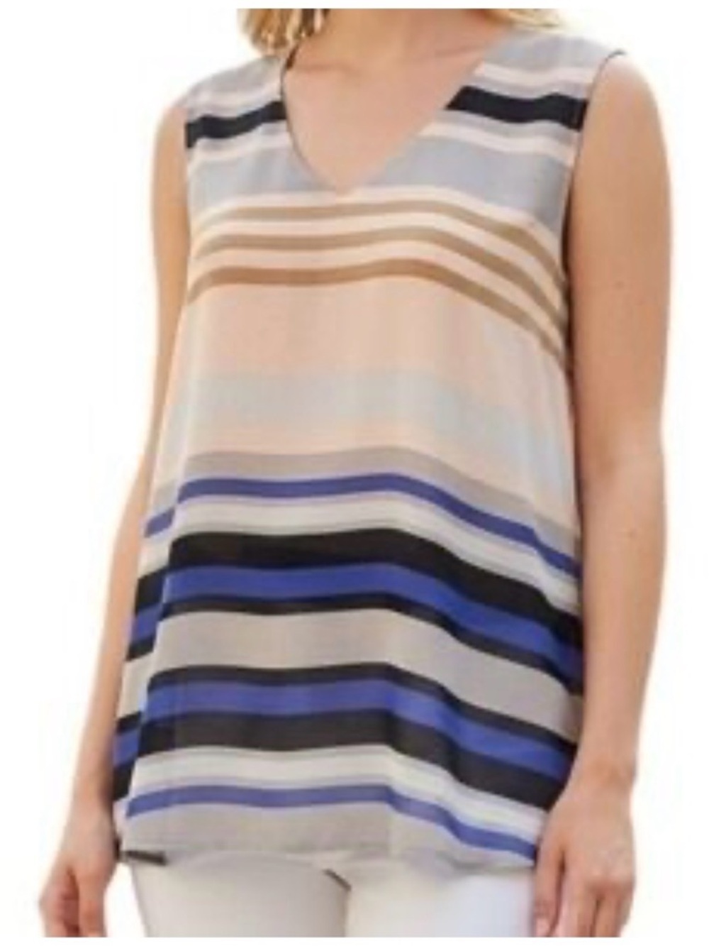 CAbi Sleeveless V-Neck Striped Tank in Blue, Black, Tan, Cream